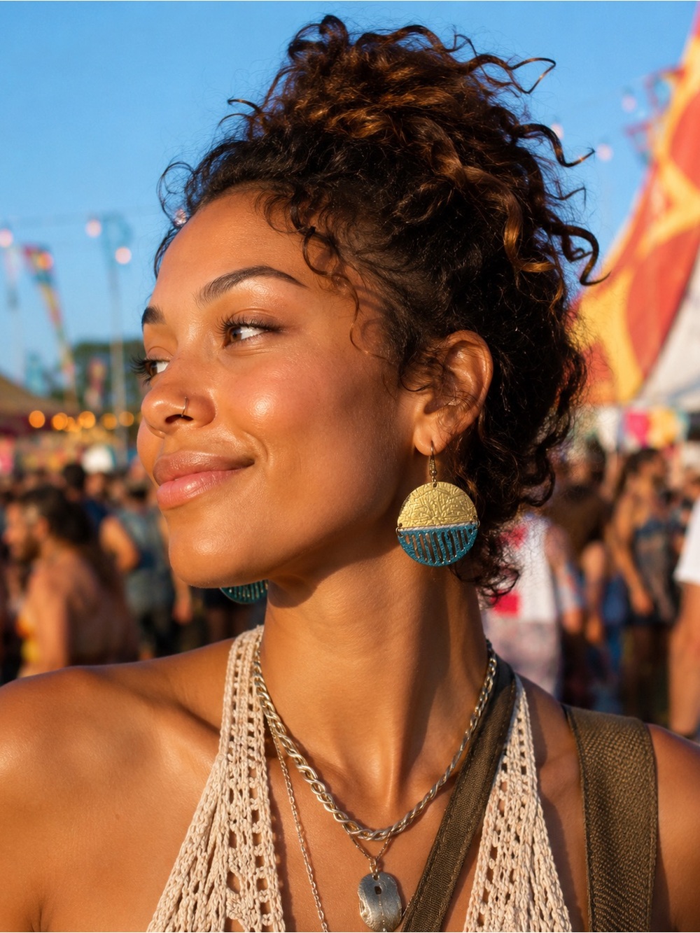 Handcrafted Boho Gold & Teal Beaded Disc Earrings - Women Jewelry